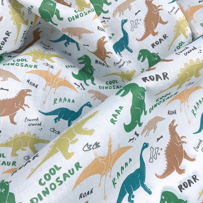 Dino Animals Polycotton Dinosaurs Fabric Crafts Dress Clothing Sew 45”, White