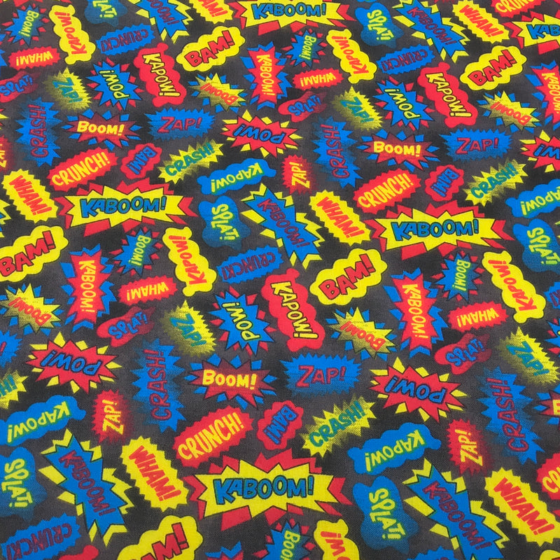 Pow! Boom! Comic Cartoon Polycotton Fabric 112cm, Black
