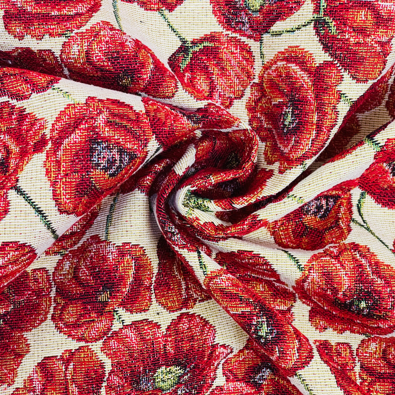 Red Poppies Floral Tapestry Upholstery Fabric 140cm