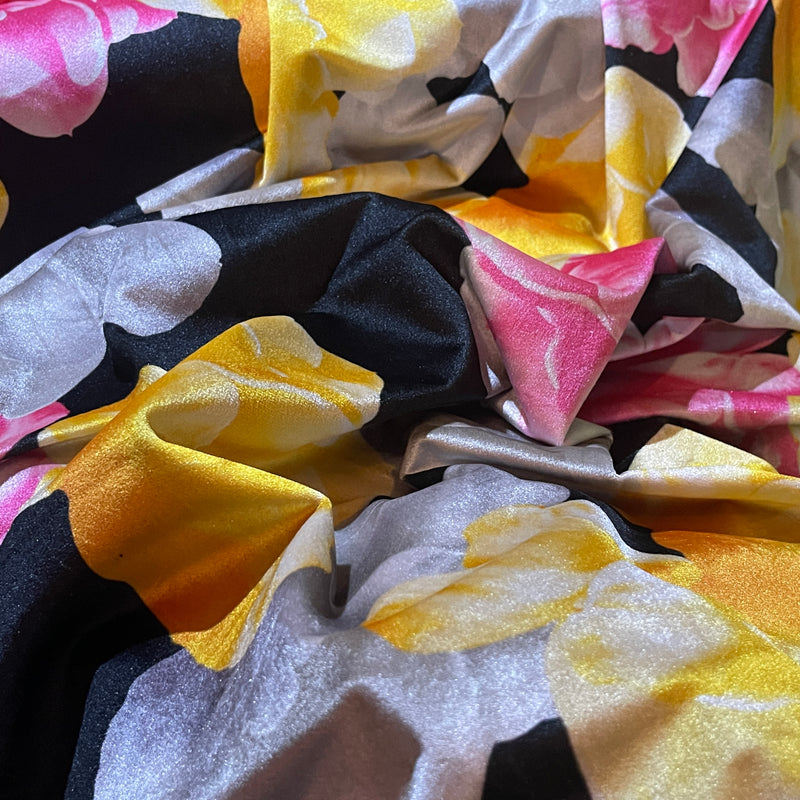 Plüschsamt-Polsterstoff mit Blumenmuster, Schwarz