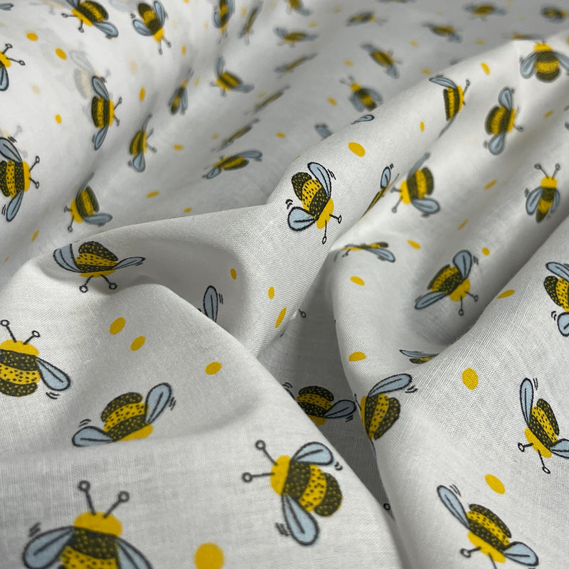 Tissu polycoton DITZY Bumble Bees, blanc