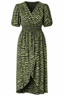 Green Black Zebra Print Velvet Dress Elastic Waist Textured Animal Print