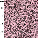 Pink fabric with a dense black leopard print pattern, shown with a vertical cm measurement scale on the left side.