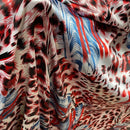 Abstract Animal Print Satin Fabric Red Blue Dress Craft Material, White - Bull Ring Fabrics