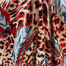 Abstract Animal Print Satin Fabric Red Blue Dress Craft Material, White - Bull Ring Fabrics