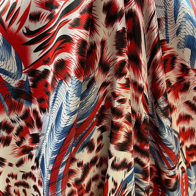 Abstract Animal Print Satin Fabric Red Blue Dress Craft Material, White - Bull Ring Fabrics