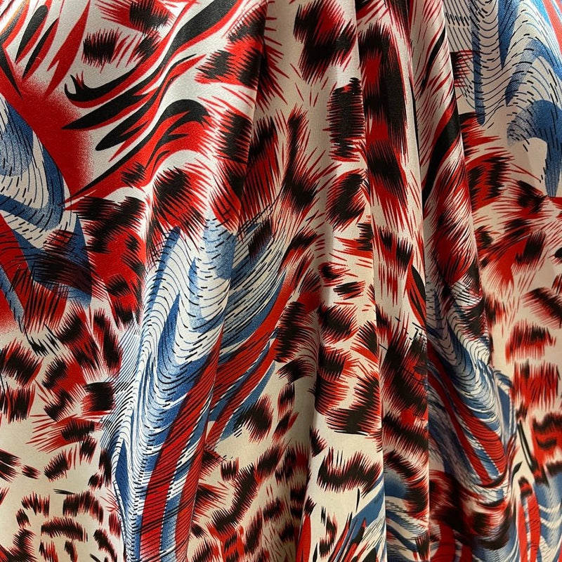 Abstract Animal Print Satin Fabric Red Blue Dress Craft Material, White - Bull Ring Fabrics