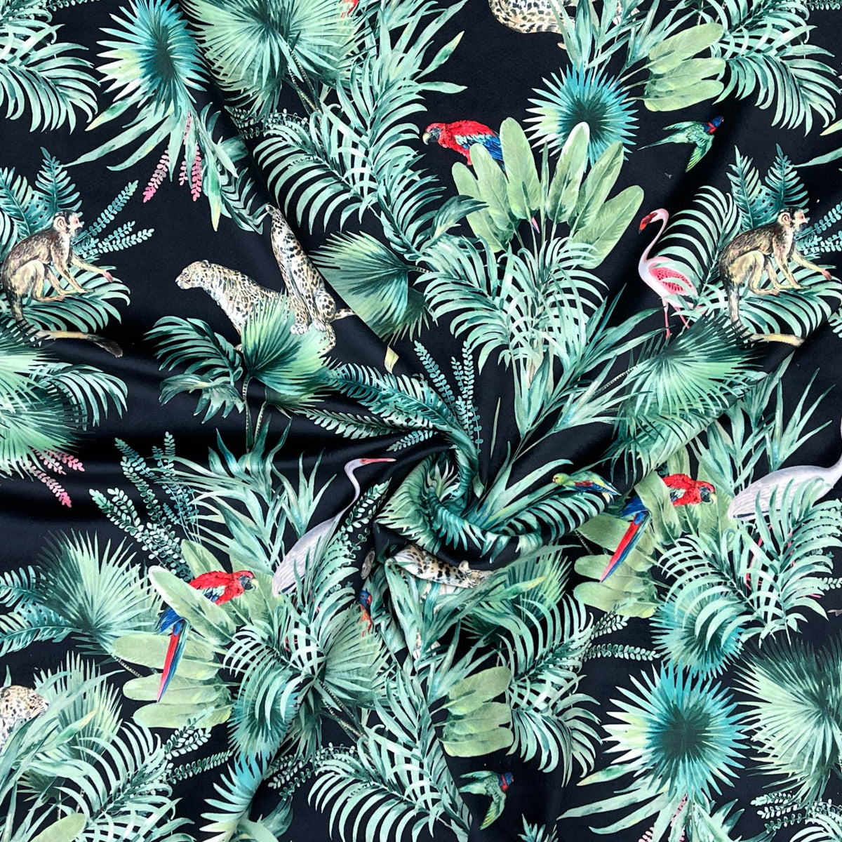 Amazon Tropical Digital Print Plush Velvet Curtain Fabric, Black - Bull Ring Fabrics