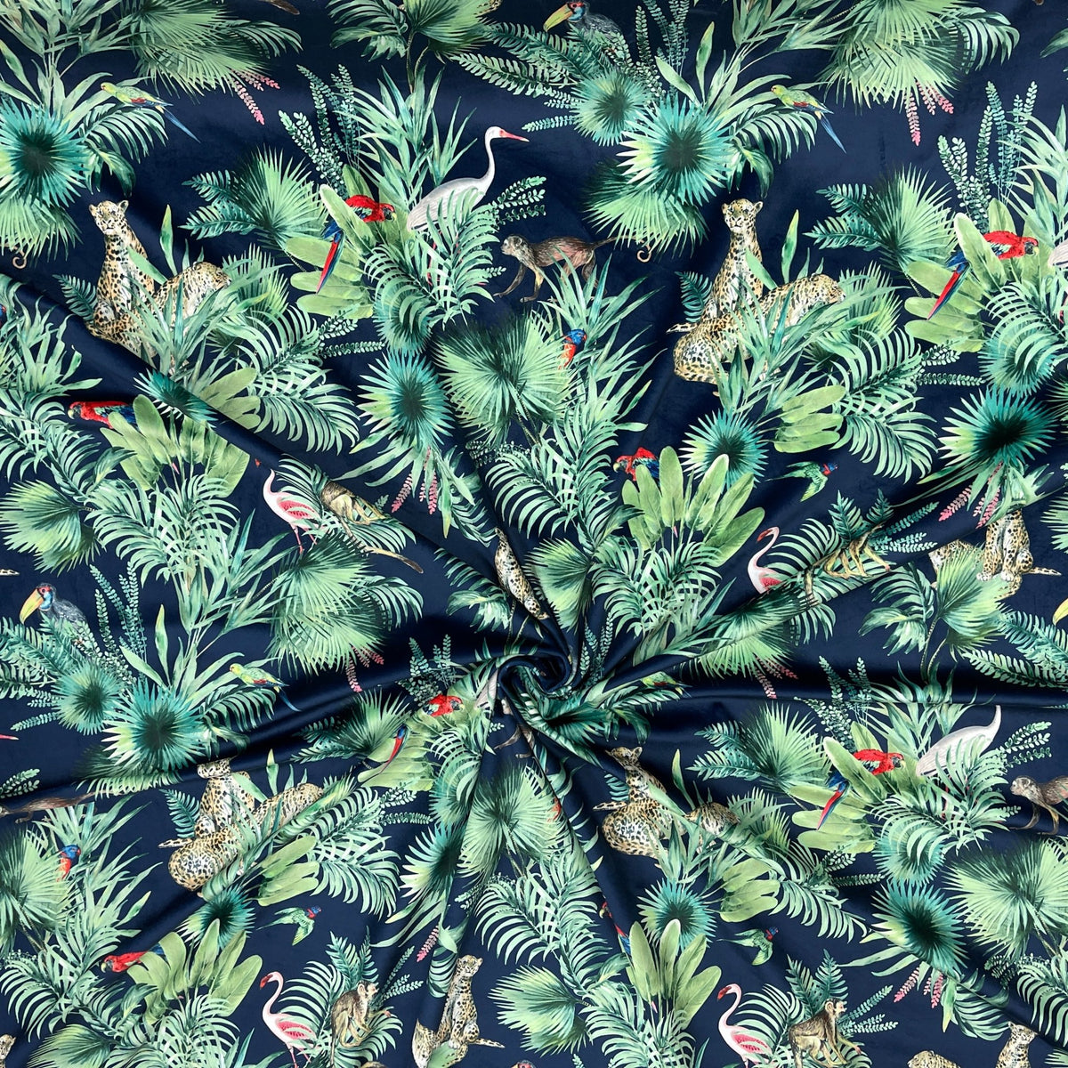 Amazon Tropical Digital Print Plush Velvet Curtain Fabric, Navy - Bull Ring Fabrics