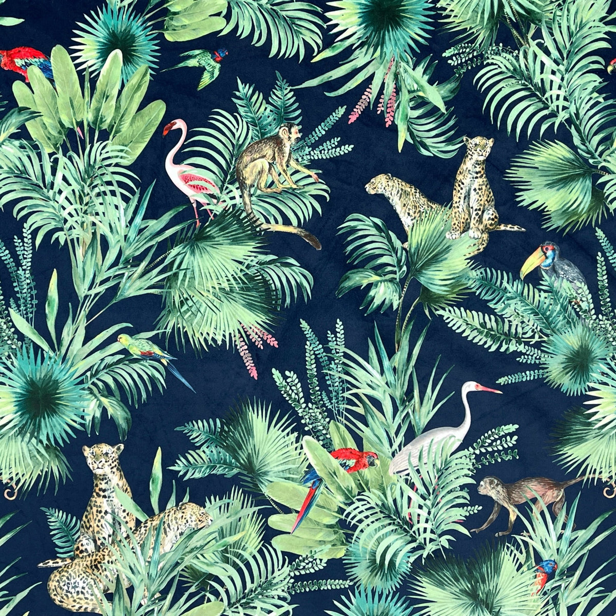 Amazon Tropical Digital Print Plush Velvet Curtain Fabric, Navy - Bull Ring Fabrics