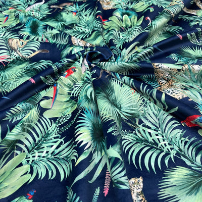 Amazon Tropical Digital Print Plush Velvet Curtain Fabric, Navy - Bull Ring Fabrics