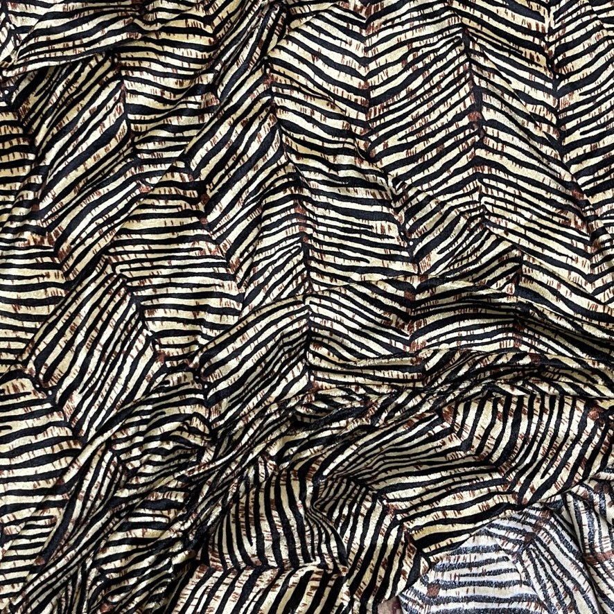 Beige Black Zebra Print Velvet Fabric Textured Animal Pattern Upholstery Dress - Bull Ring Fabrics