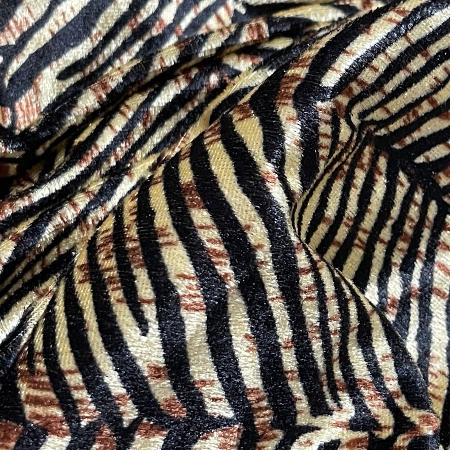 Beige Black Zebra Print Velvet Fabric Textured Animal Pattern Upholstery Dress - Bull Ring Fabrics