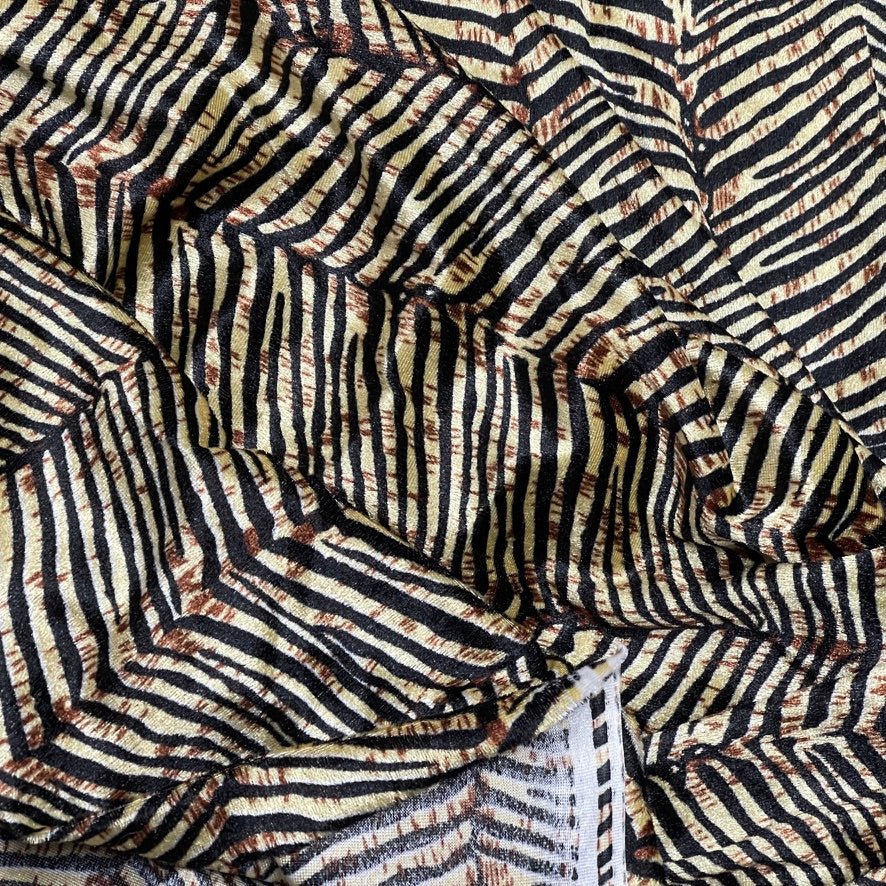 Beige Black Zebra Print Velvet Fabric Textured Animal Pattern Upholstery Dress - Bull Ring Fabrics