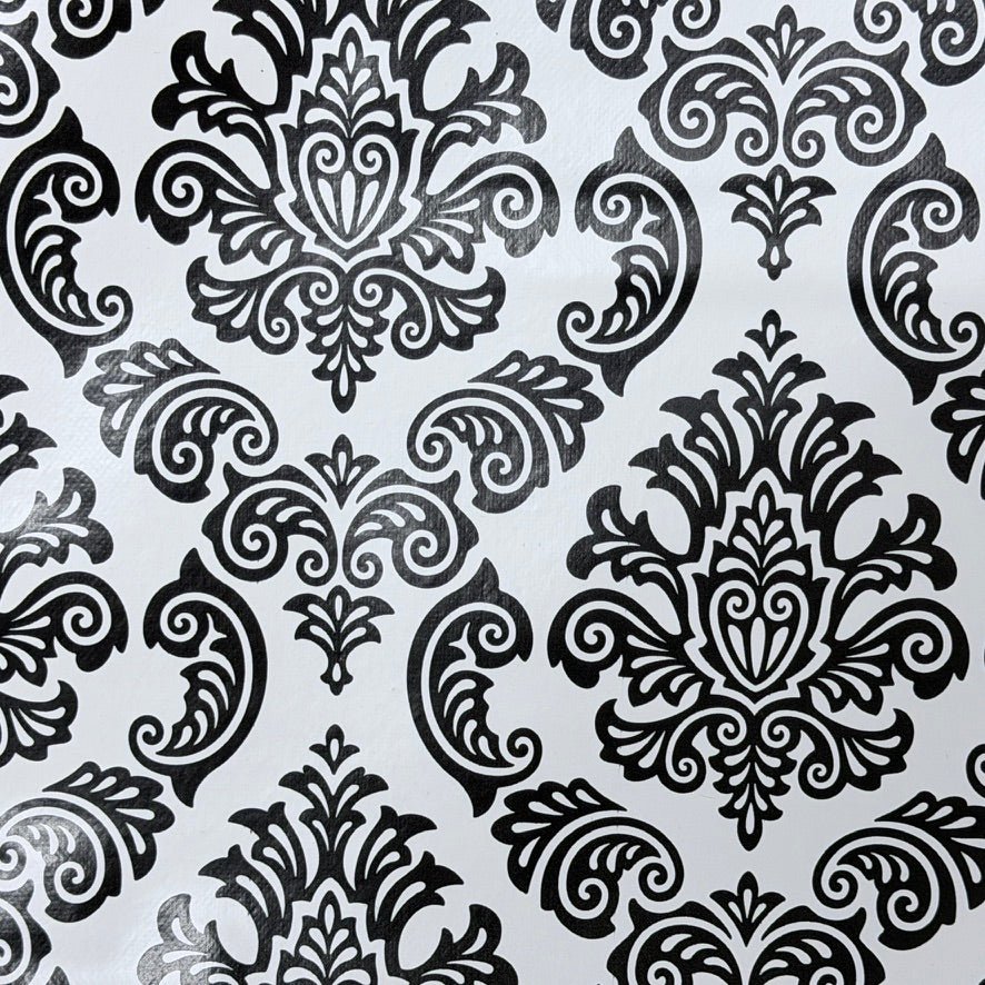 Black Damask Print PVC Oilcloth Tablecloth Fabric 54", White - Bull Ring Fabrics
