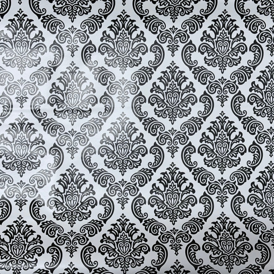 Black Damask Print PVC Oilcloth Tablecloth Fabric 54", White - Bull Ring Fabrics