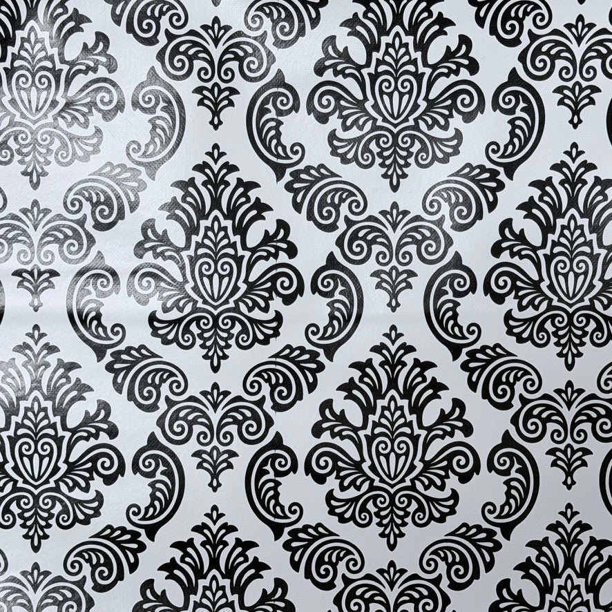 Black Damask Print PVC Oilcloth Tablecloth Fabric 54", White - Bull Ring Fabrics