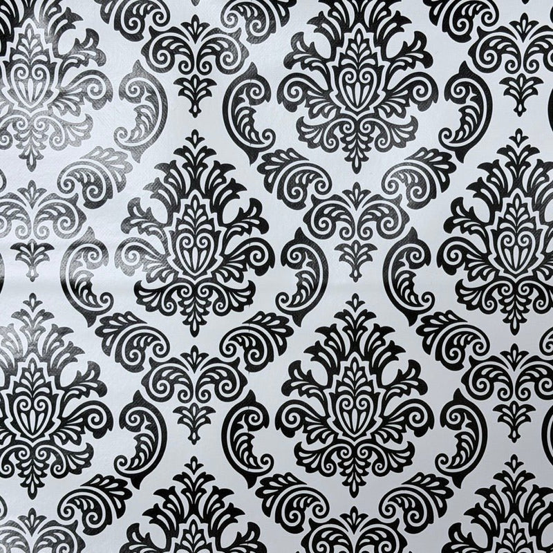 Black Damask Print PVC Oilcloth Tablecloth Fabric 54", White - Bull Ring Fabrics