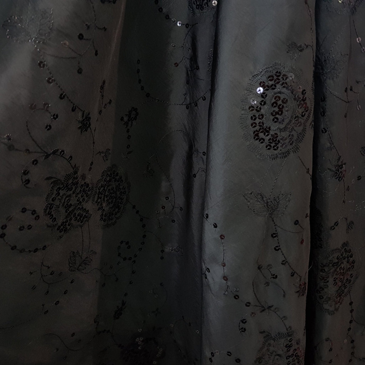 Black Floral Sequin Taffeta Fabric Dress Bridal Abaya Material - Bull Ring Fabrics