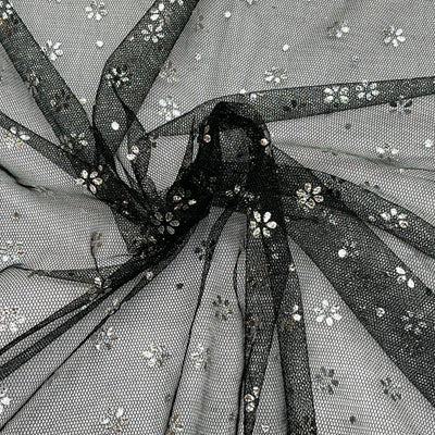 Black Mesh Tulle Net Fabric Metallic Silver Floral Sheer Dress Craft Material - Bull Ring Fabrics