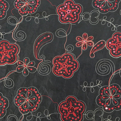 Black Paisley Embroidered Taffeta Fabric Sequins Red Floral Bridal Dress 60" - Bull Ring Fabrics