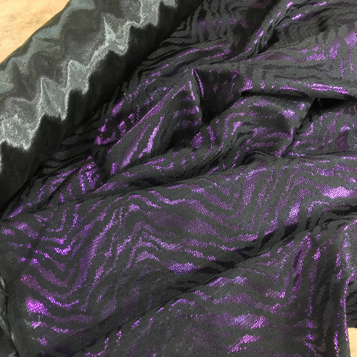 Black Purple Metallic Satin Fabric Zebra Print Bonded Dress Material - Bull Ring Fabrics
