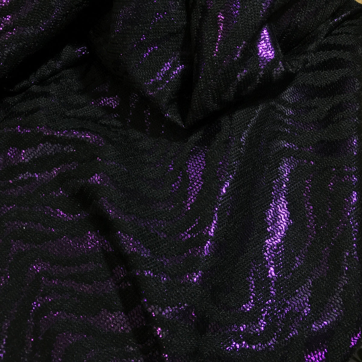 Black Purple Metallic Satin Fabric Zebra Print Bonded Dress Material - Bull Ring Fabrics