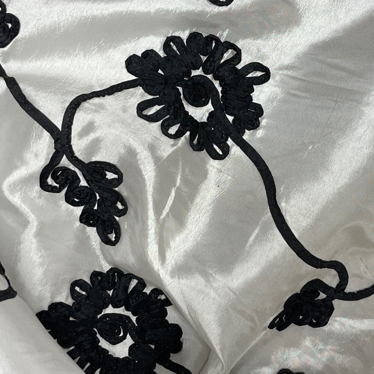 Black Ribbon Sunflower Floral Taffeta Dress Fabric 60", White - Bull Ring Fabrics