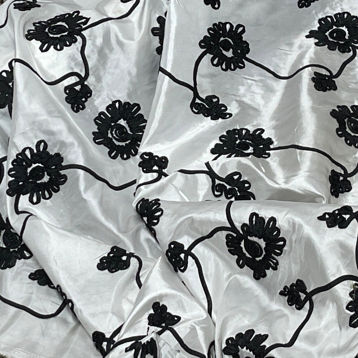 Black Ribbon Sunflower Floral Taffeta Dress Fabric 60", White - Bull Ring Fabrics
