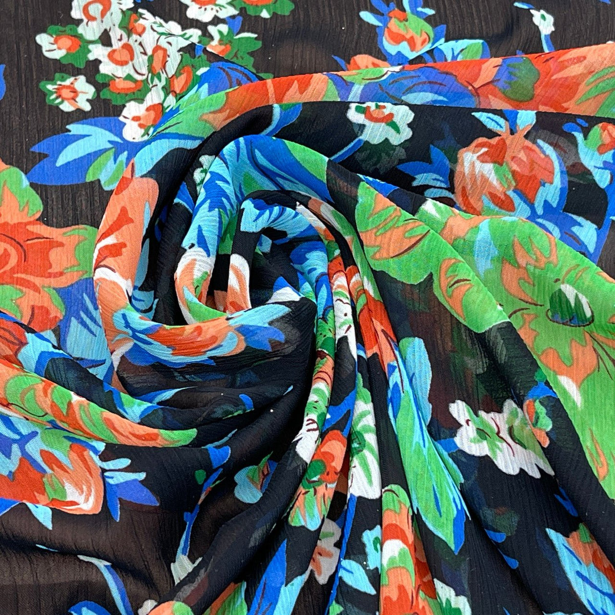 Black Sheer Chiffon Fabric Orange Floral Flowers Print Dress Scarf Hijab - Bull Ring Fabrics