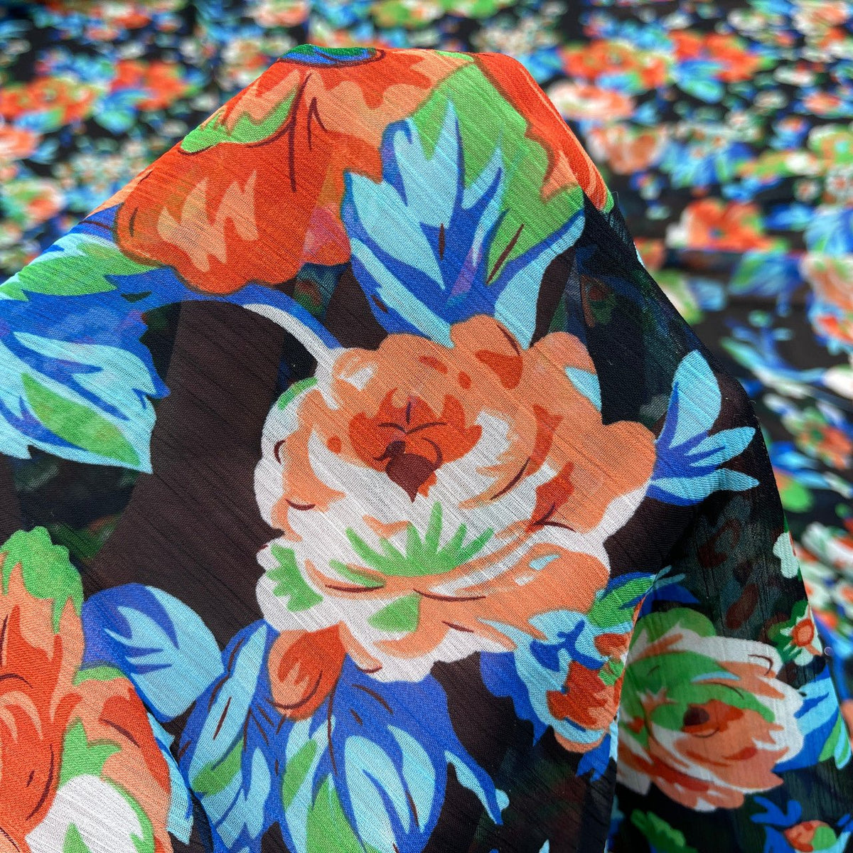 Black Sheer Chiffon Fabric Orange Floral Flowers Print Dress Scarf Hijab - Bull Ring Fabrics