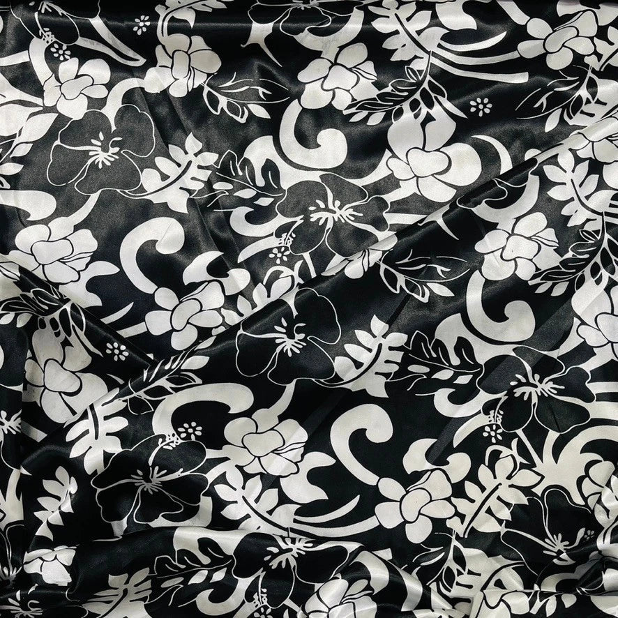 Black White Floral Satin Fabric Dress Craft Material 60" - Bull Ring Fabrics