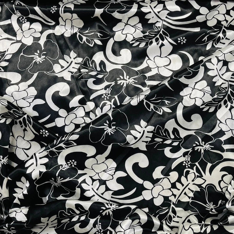 Black White Floral Satin Fabric Dress Craft Material 60" - Bull Ring Fabrics