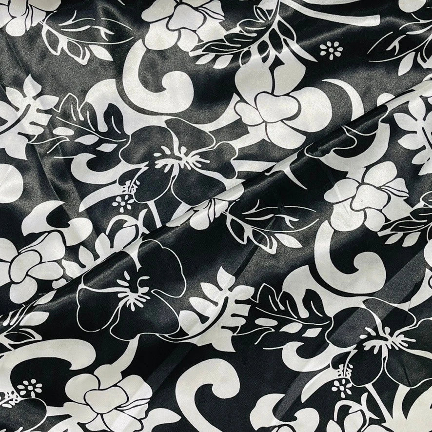 Black White Floral Satin Fabric Dress Craft Material 60" - Bull Ring Fabrics