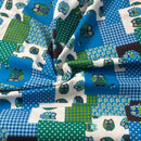 Blue & Green Patchwork Owl Cotton Blend Canvas Fabric – Rustic Woodland Print Upholstery, Craft & Bag Making 54" - Bull Ring Fabrics