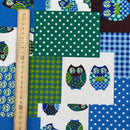 Blue & Green Patchwork Owl Cotton Blend Canvas Fabric – Rustic Woodland Print Upholstery, Craft & Bag Making 54" - Bull Ring Fabrics