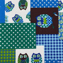 Blue & Green Patchwork Owl Cotton Blend Canvas Fabric – Rustic Woodland Print Upholstery, Craft & Bag Making 54" - Bull Ring Fabrics