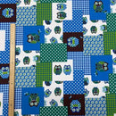 Blue & Green Patchwork Owl Cotton Blend Canvas Fabric – Rustic Woodland Print Upholstery, Craft & Bag Making 54" - Bull Ring Fabrics