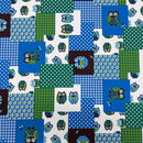 Blue & Green Patchwork Owl Cotton Blend Canvas Fabric – Rustic Woodland Print Upholstery, Craft & Bag Making 54" - Bull Ring Fabrics