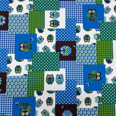 Blue & Green Patchwork Owl Cotton Blend Canvas Fabric – Rustic Woodland Print Upholstery, Craft & Bag Making 54" - Bull Ring Fabrics