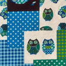 Blue & Green Patchwork Owl Cotton Blend Canvas Fabric – Rustic Woodland Print Upholstery, Craft & Bag Making 54" - Bull Ring Fabrics