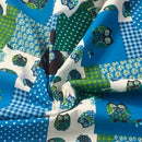 Blue & Green Patchwork Owl Cotton Blend Canvas Fabric – Rustic Woodland Print Upholstery, Craft & Bag Making 54" - Bull Ring Fabrics