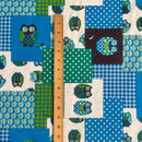 Blue & Green Patchwork Owl Cotton Blend Canvas Fabric – Rustic Woodland Print Upholstery, Craft & Bag Making 54" - Bull Ring Fabrics