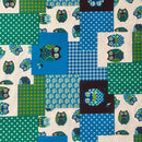 Blue & Green Patchwork Owl Cotton Blend Canvas Fabric – Rustic Woodland Print Upholstery, Craft & Bag Making 54" - Bull Ring Fabrics