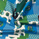 Blue & Green Patchwork Owl Cotton Blend Canvas Fabric – Rustic Woodland Print Upholstery, Craft & Bag Making 54" - Bull Ring Fabrics