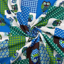 Blue & Green Patchwork Owl Cotton Blend Canvas Fabric – Rustic Woodland Print Upholstery, Craft & Bag Making 54" - Bull Ring Fabrics