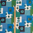 Blue & Green Patchwork Owl Cotton Blend Canvas Fabric – Rustic Woodland Print Upholstery, Craft & Bag Making 54" - Bull Ring Fabrics