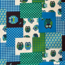 Blue & Green Patchwork Owl Cotton Blend Canvas Fabric – Rustic Woodland Print Upholstery, Craft & Bag Making 54" - Bull Ring Fabrics