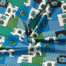 Blue & Green Patchwork Owl Cotton Blend Canvas Fabric – Rustic Woodland Print Upholstery, Craft & Bag Making 54" - Bull Ring Fabrics