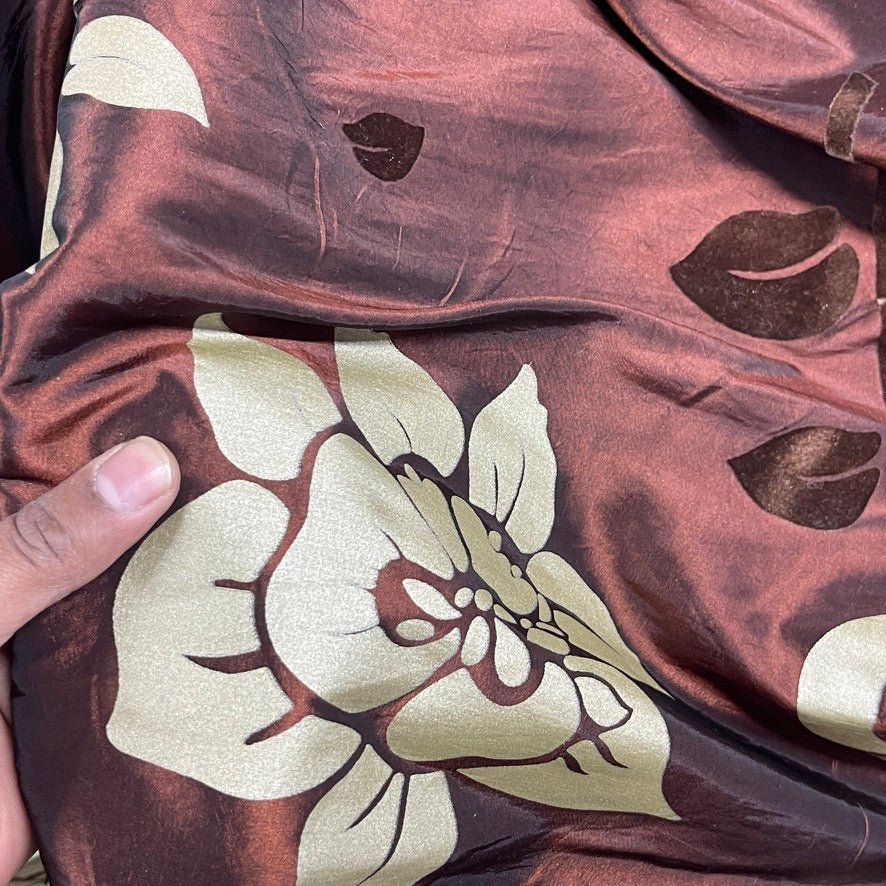 Brown Velvet Flock Taffeta Fabric Gold Floral Roses Dress Material 150cm - Bull Ring Fabrics